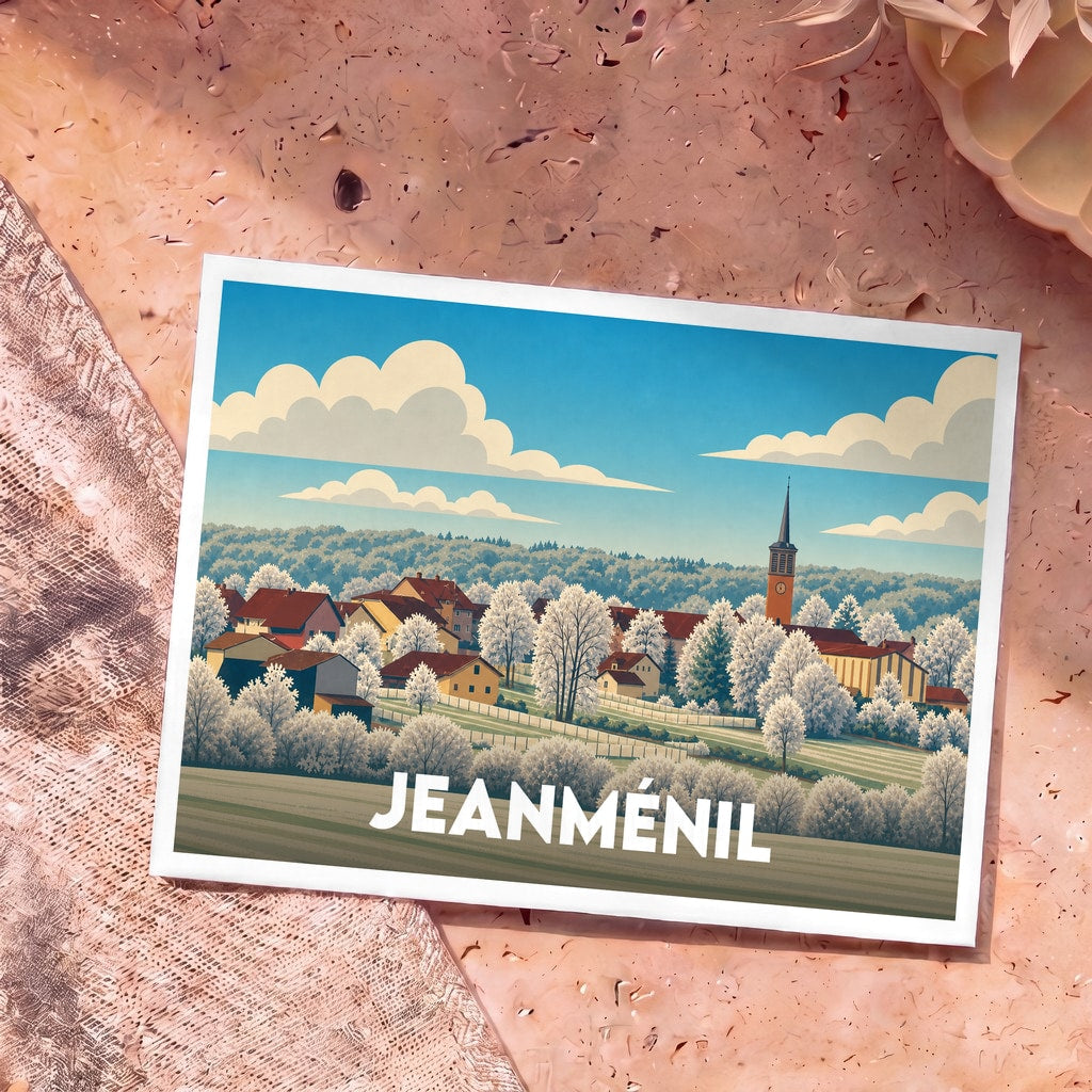 Carte postale souvenir de la ville de Jeanménil avec une illustration stylisée d'un paysage hivernal.