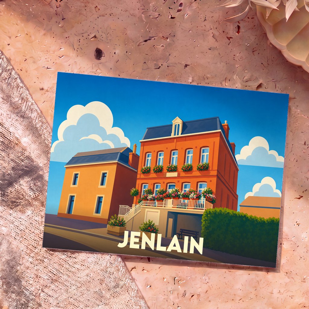 Carte postale souvenir de la ville de Jenlain avec une illustration stylisée de bâtiments colorés et fleuris.