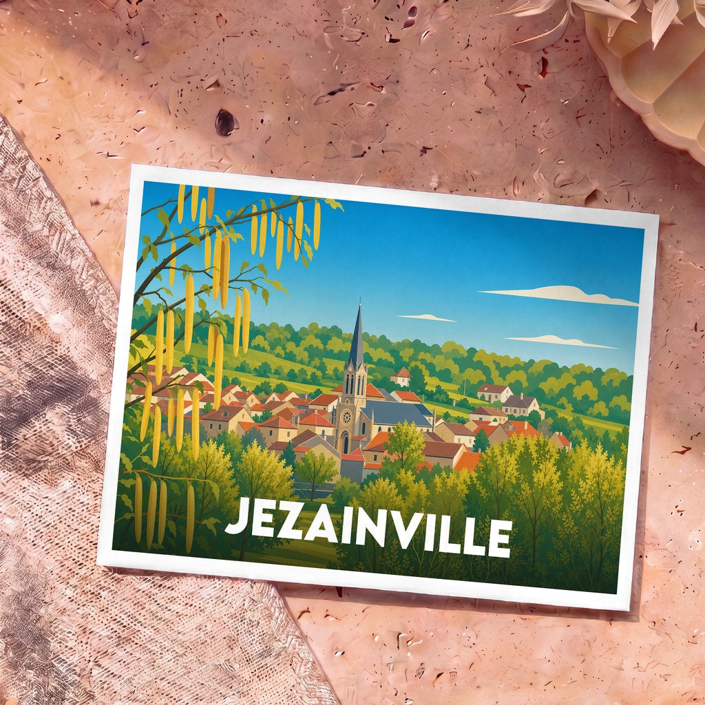 Carte postale souvenir de la ville de Jezainville avec une illustration stylisée de son église et de ses paysages verdoyants.