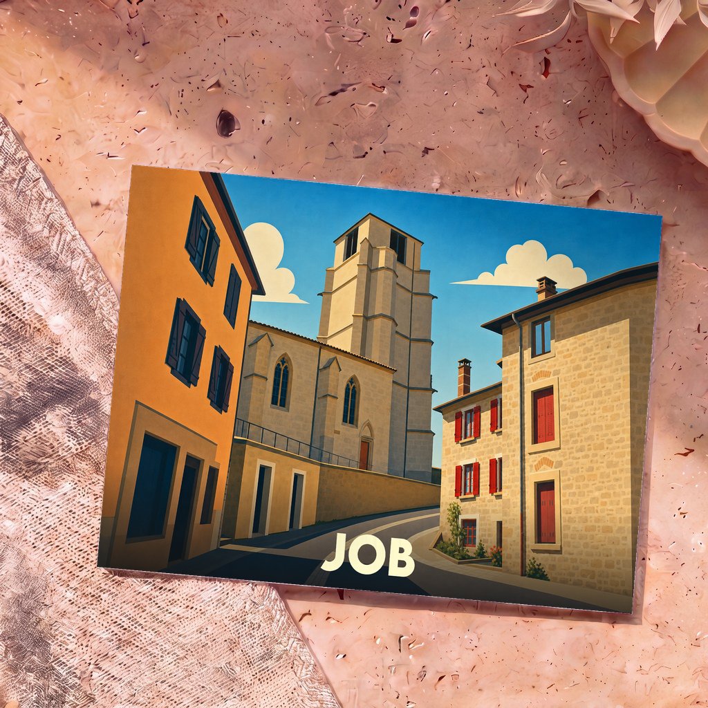 Carte postale souvenir de la ville de Job avec une illustration stylisée de son église et de ses rues pittoresques.