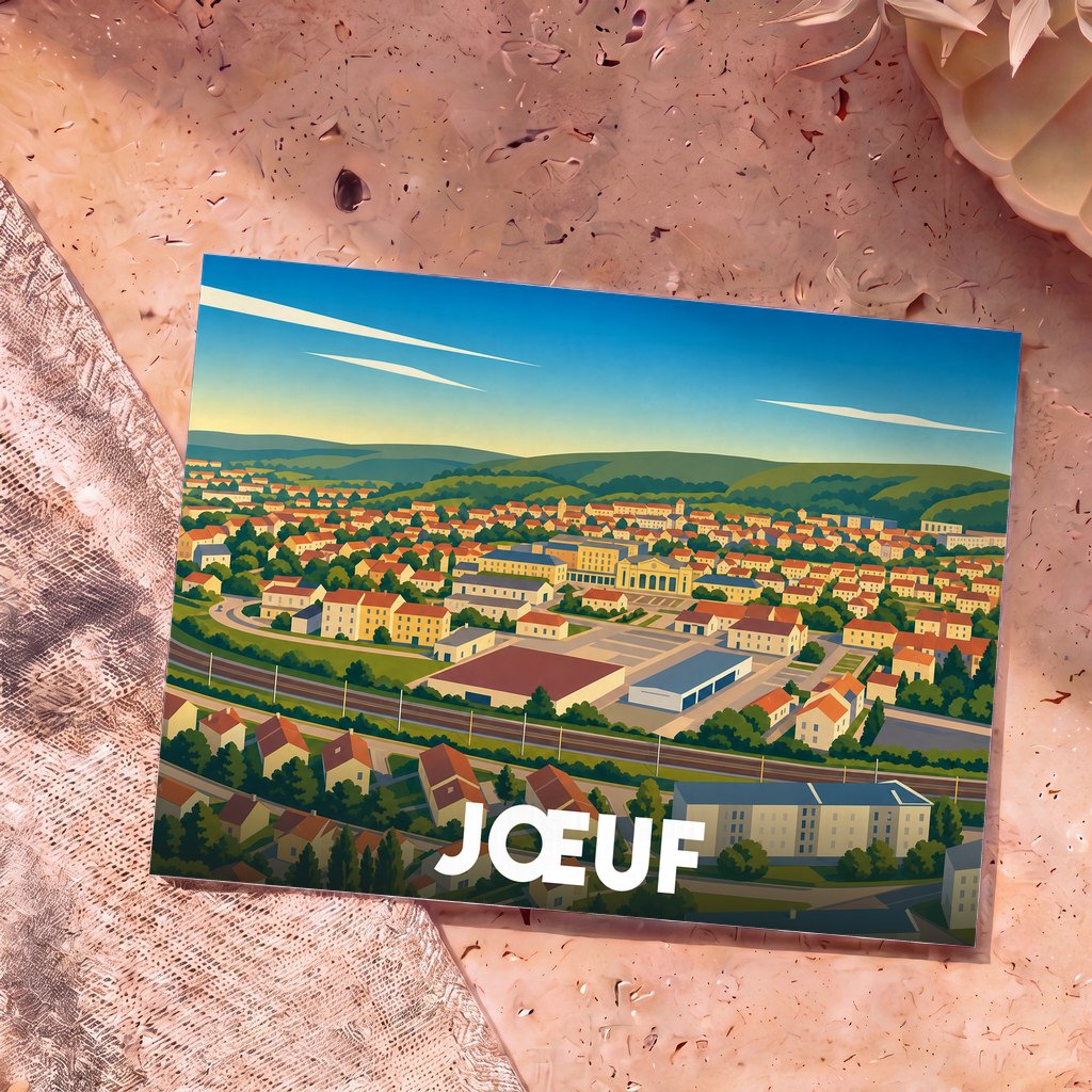 Carte postale souvenir de la ville de Jœuf avec une illustration panoramique et stylisée de ses paysages.