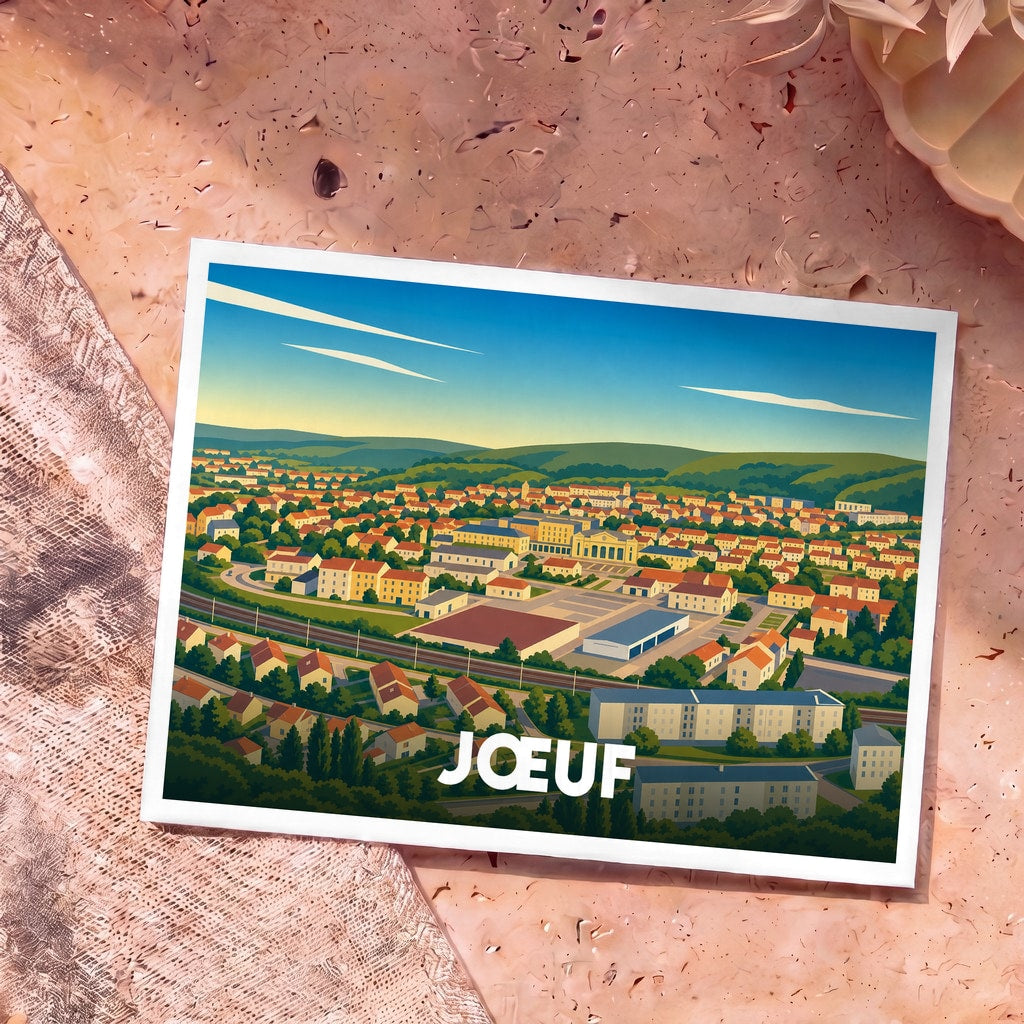 Carte postale souvenir de la ville de Jœuf avec une illustration panoramique et stylisée de ses paysages.