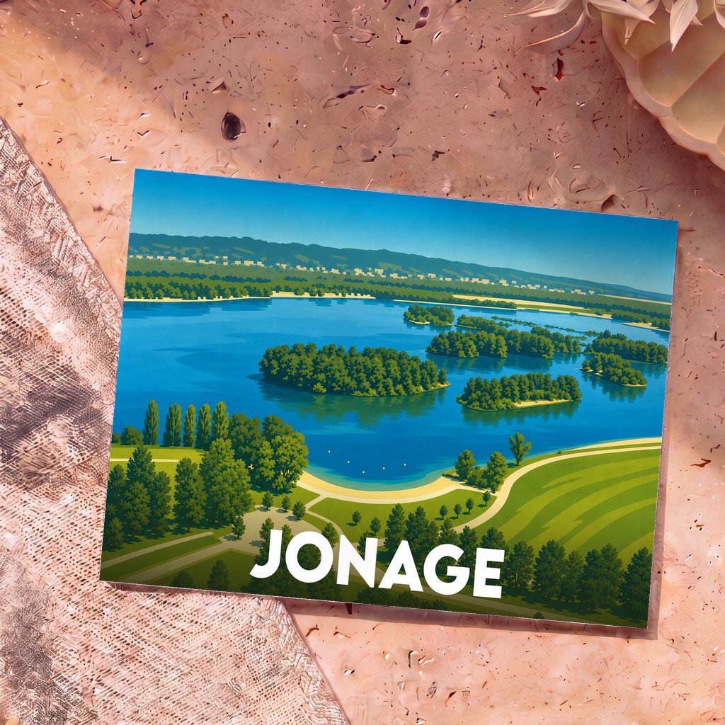 Carte postale souvenir de la ville de Jonage illustrant son lac et sa nature verdoyante dans un style graphique épuré.
