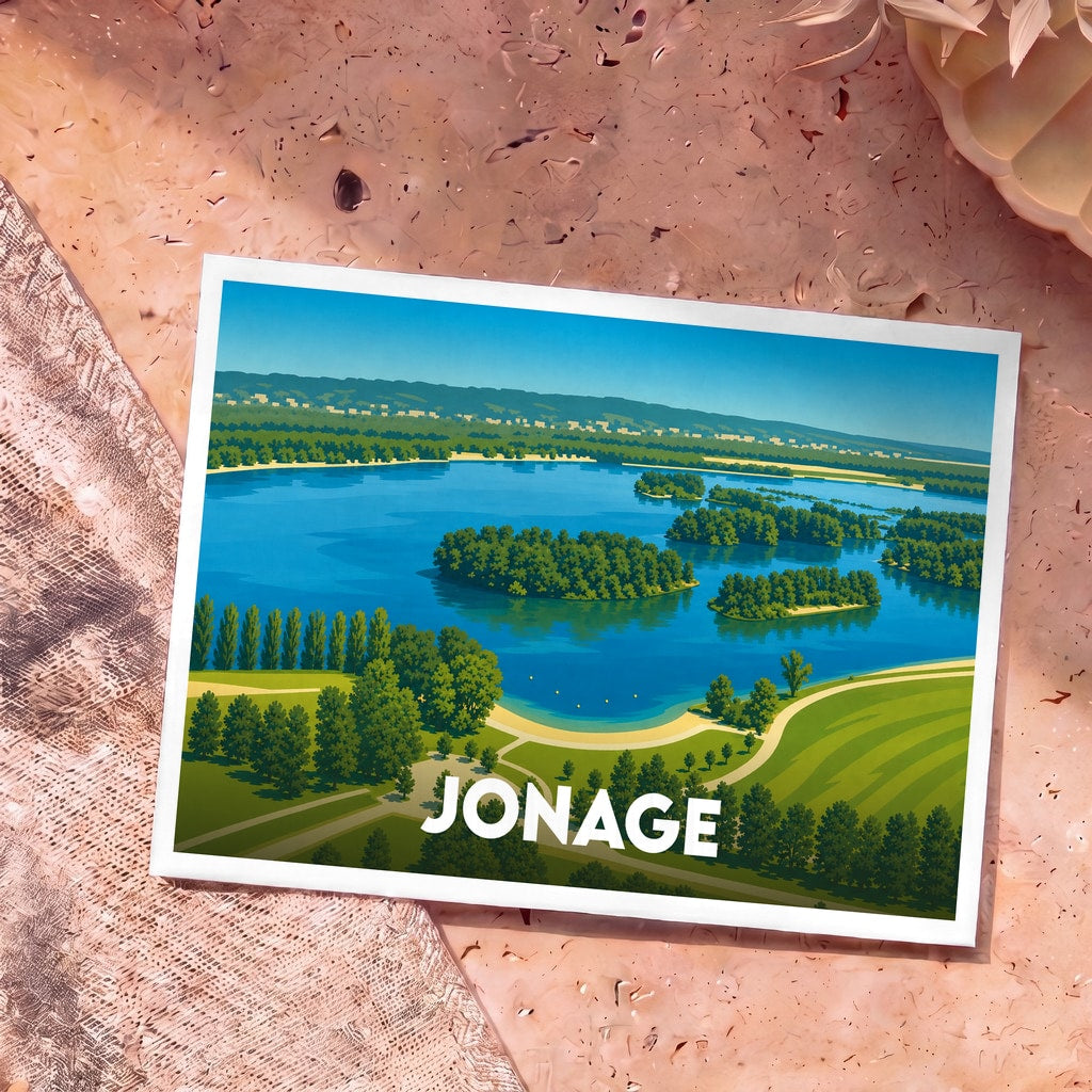 Carte postale souvenir de la ville de Jonage illustrant son lac et sa nature verdoyante dans un style graphique épuré.