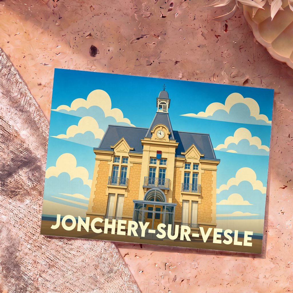 Carte postale souvenir de la ville de Jonchery-sur-Vesle avec une illustration stylisée de sa mairie.