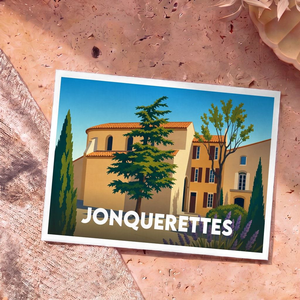 Carte postale souvenir de la ville de Jonquerettes avec une illustration stylisée de son église et de paysages provençaux.