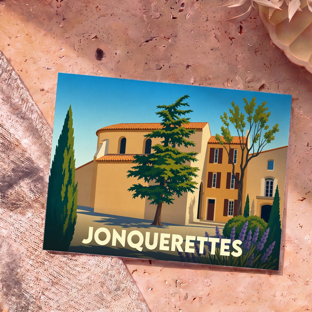 Carte postale souvenir de la ville de Jonquerettes avec une illustration stylisée de son église et de paysages provençaux.