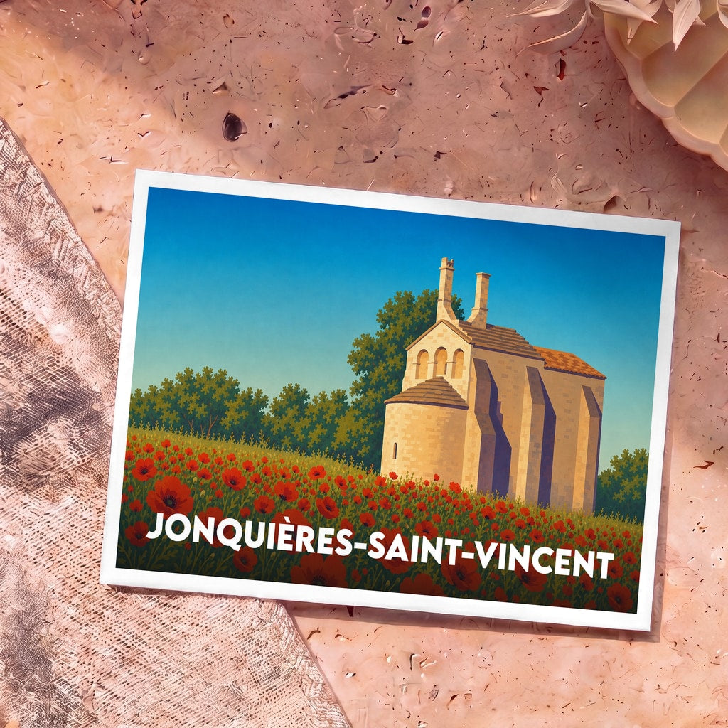 Carte postale souvenir de la ville de Jonquières-Saint-Vincent avec une illustration stylisée d'une église et d'un champ de coquelicots.