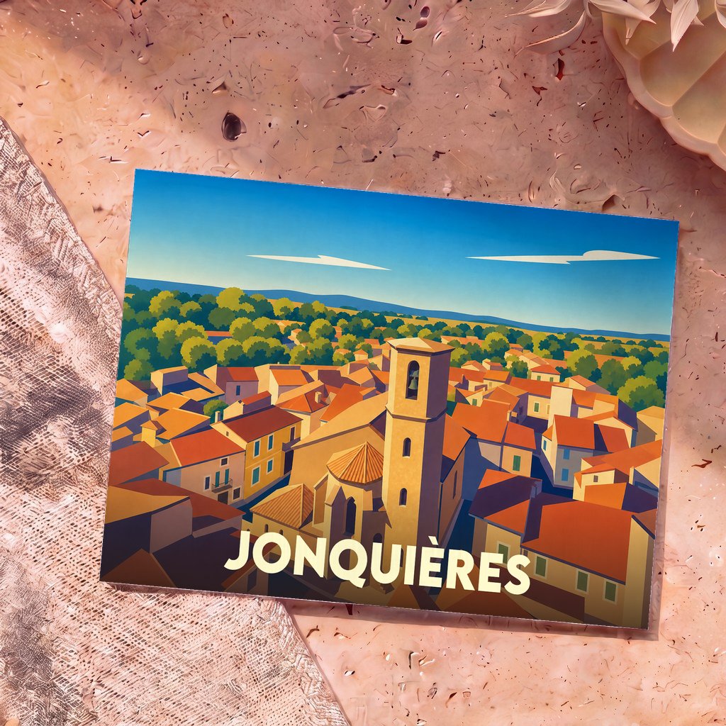 Carte postale souvenir de la ville de Jonquières avec une illustration stylisée d'un village provençal sous un ciel bleu.