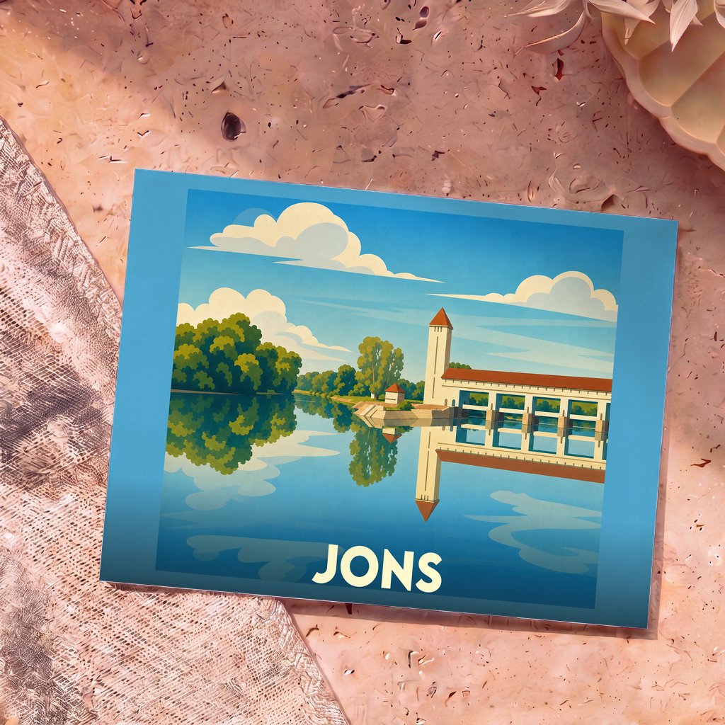 Carte postale souvenir de la ville de Jons illustrant le barrage avec un style graphique épuré.