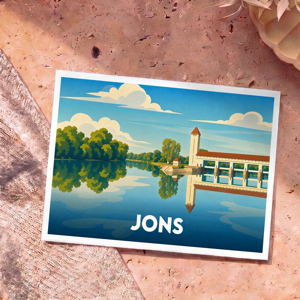 Carte postale souvenir de la ville de Jons illustrant le barrage avec un style graphique épuré.