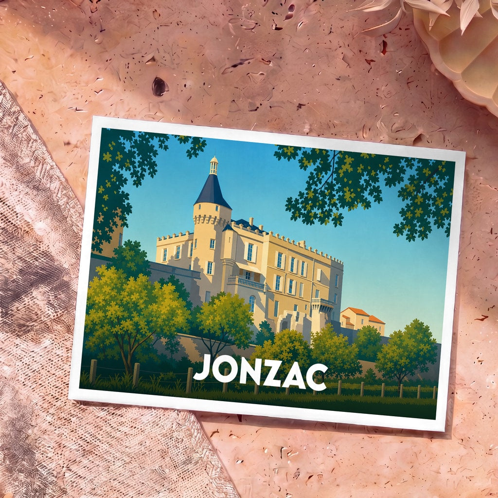 Carte postale souvenir de la ville de Jonzac illustrant son château dans un style graphique épuré.