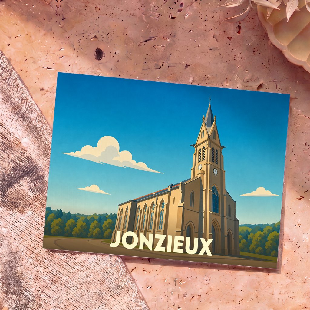Carte postale souvenir de la ville de Jonzieux avec une illustration stylisée de son église.