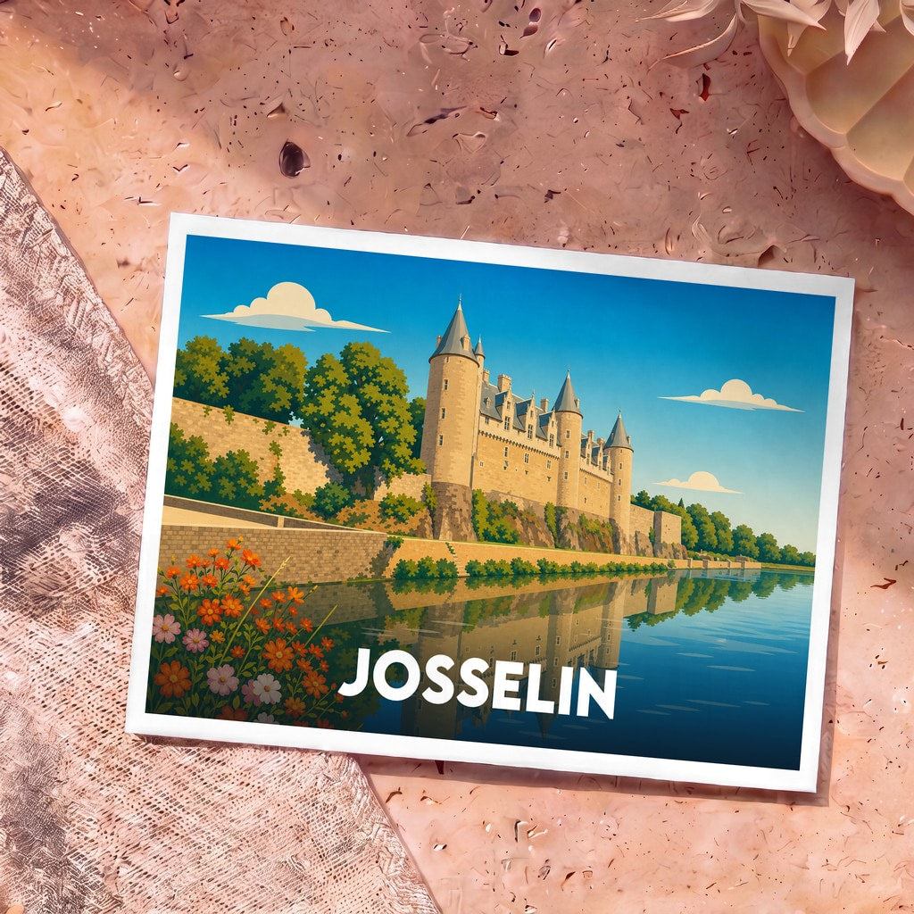 Carte postale souvenir de la ville de Josselin illustrant son château et son reflet dans l'eau.