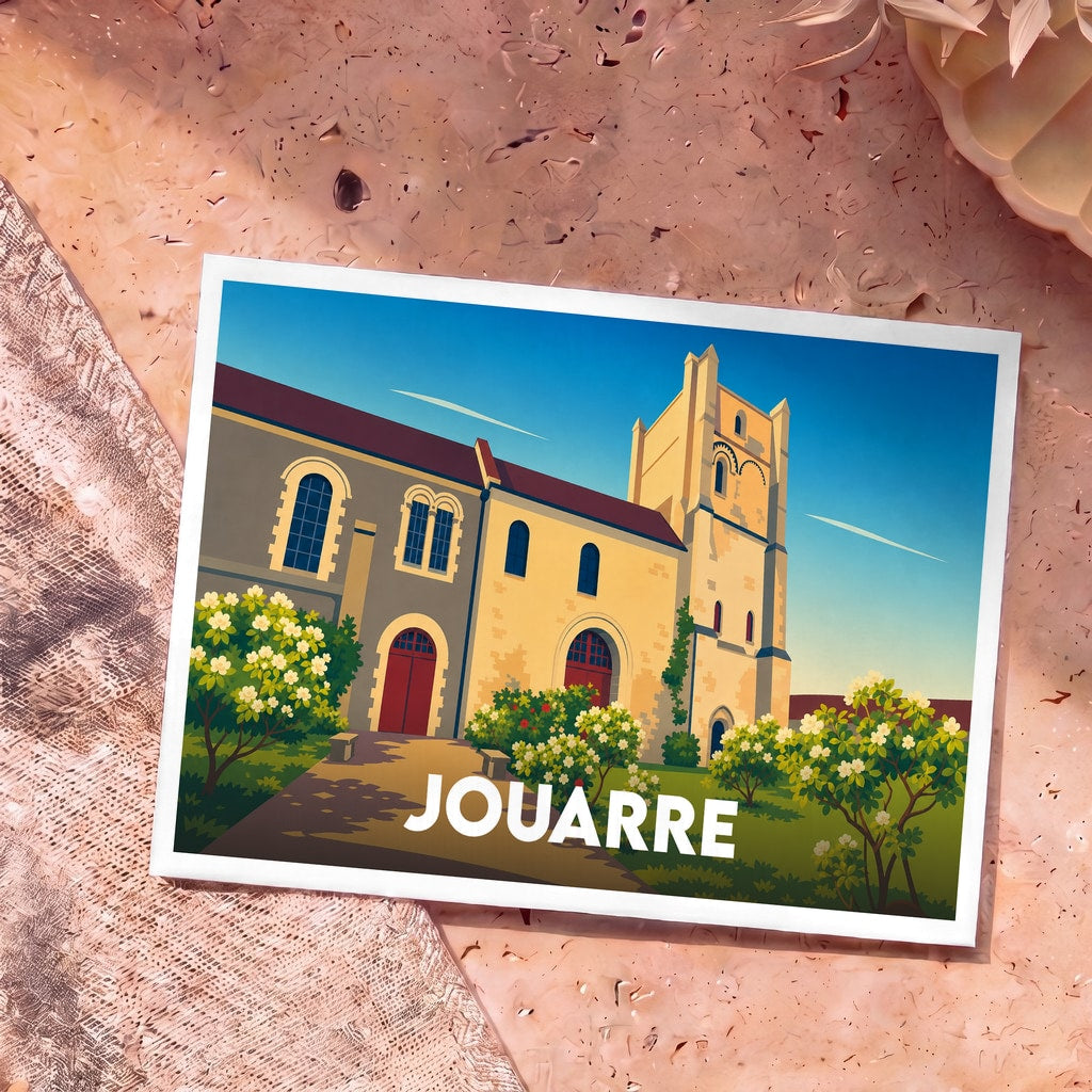 Carte postale souvenir de la ville de Jouarre illustrant son abbaye avec un style graphique épuré et coloré.