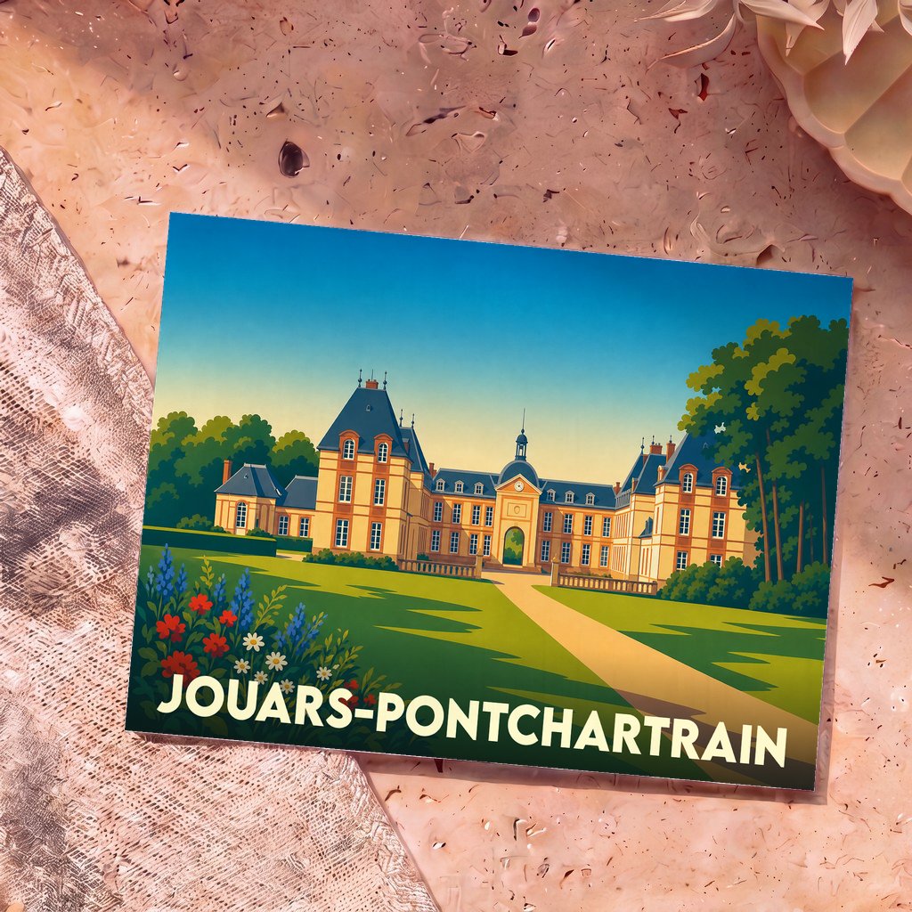 Carte postale souvenir de la ville de Jouars-Pontchartrain illustrant son château dans un style graphique épuré.