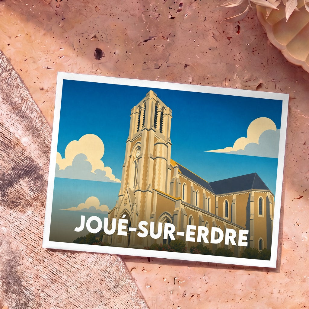 Carte postale souvenir de la ville de Joué-sur-Erdre avec une illustration stylisée de son église.