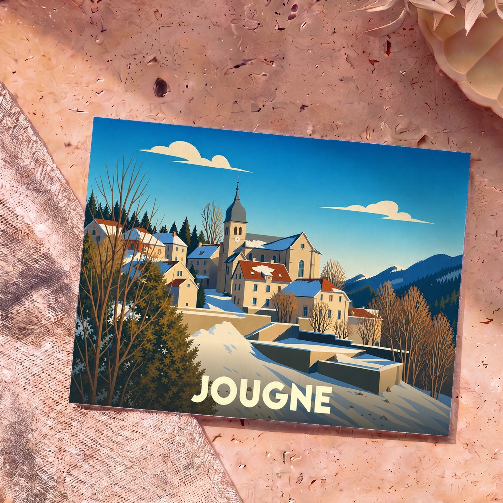 Carte postale souvenir de la ville de Jougne avec une illustration stylisée d'un village de montagne sous la neige.