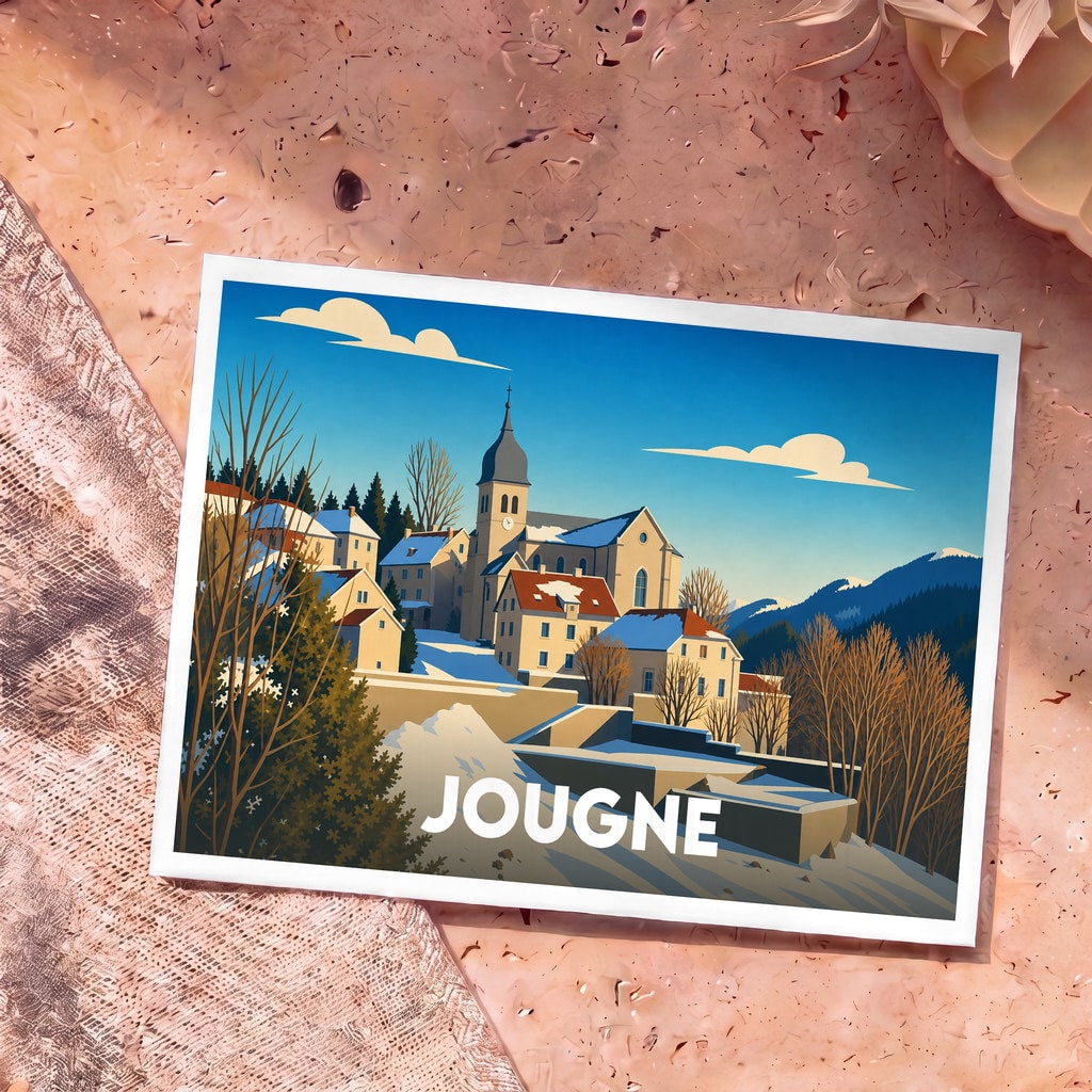 Carte postale souvenir de la ville de Jougne avec une illustration stylisée d'un village de montagne sous la neige.