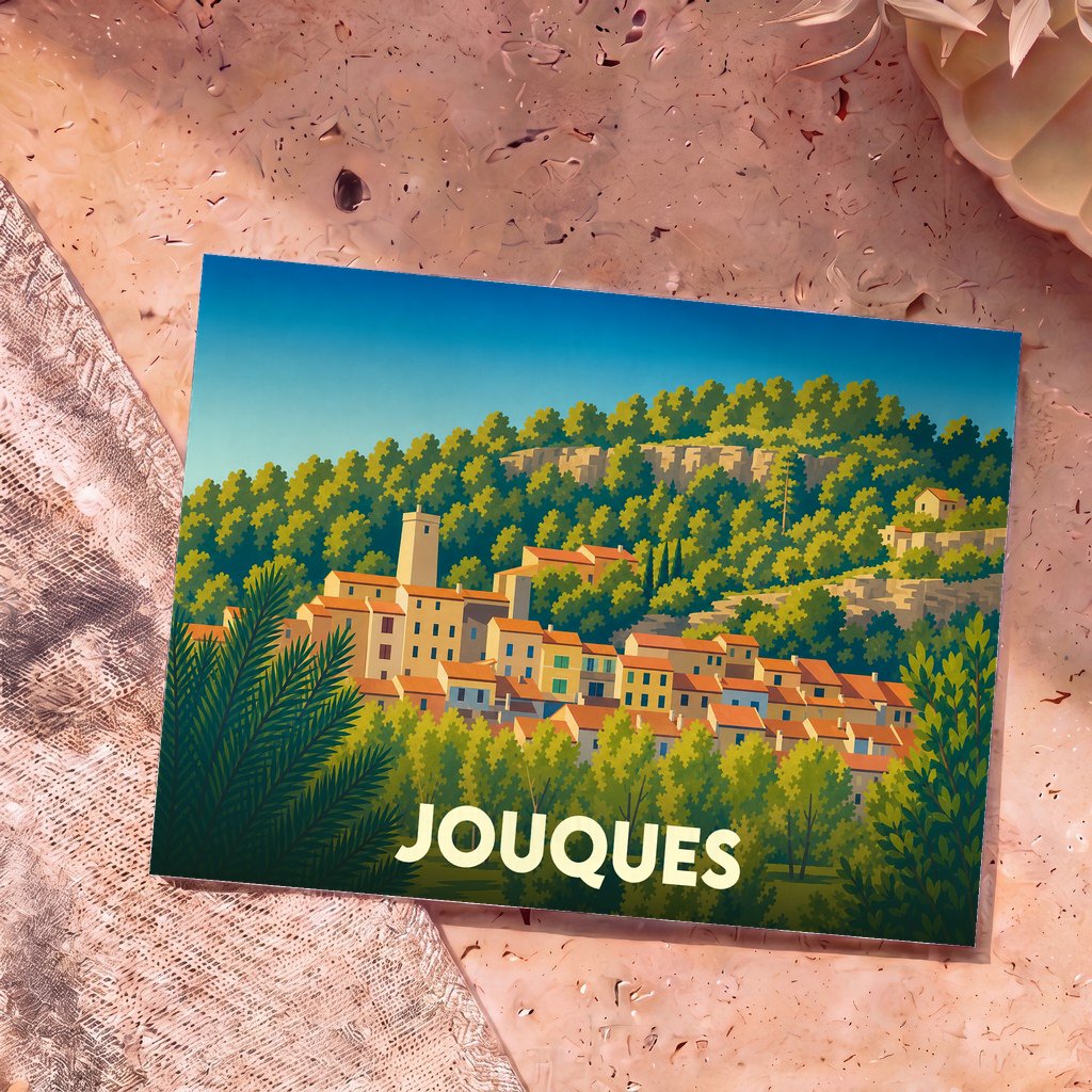 Carte postale souvenir de la ville de Jouques illustrant son village perché dans un style graphique et coloré.