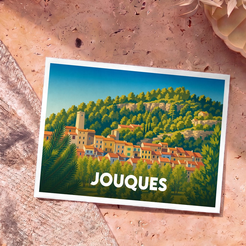 Carte postale souvenir de la ville de Jouques illustrant son village perché dans un style graphique et coloré.
