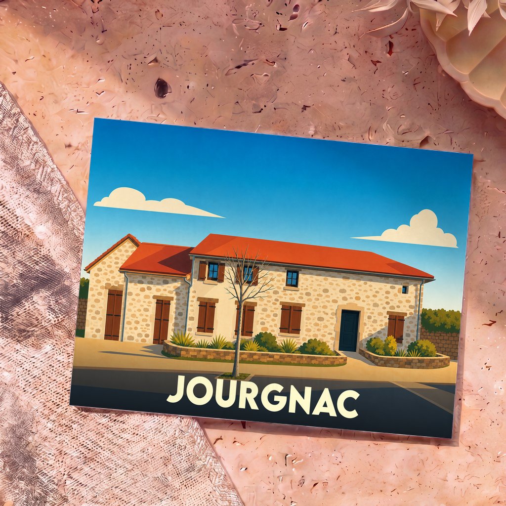 Carte postale souvenir de la ville de Jourgnac avec une illustration stylisée d'une maison traditionnelle en pierre.
