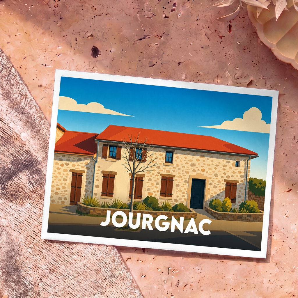 Carte postale souvenir de la ville de Jourgnac avec une illustration stylisée d'une maison traditionnelle en pierre.