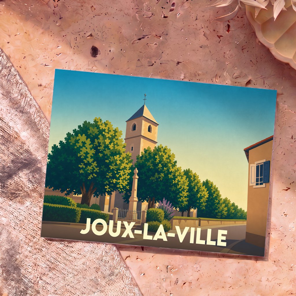 Carte postale souvenir de la ville de Joux-la-Ville avec une illustration stylisée de son église et de sa place arborée.