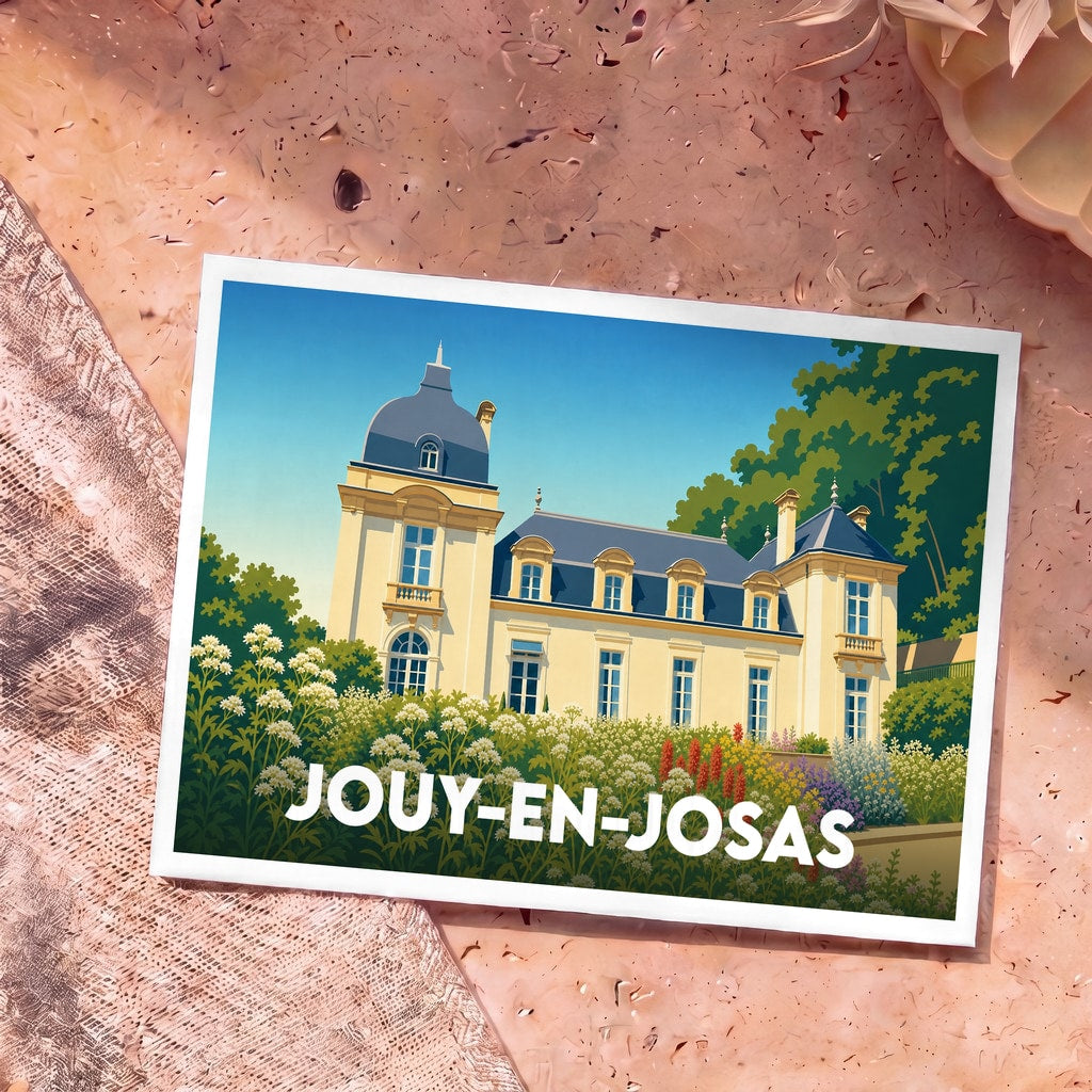 Carte postale souvenir de la ville de Jouy-en-Josas avec une illustration stylisée d'un château fleuri.