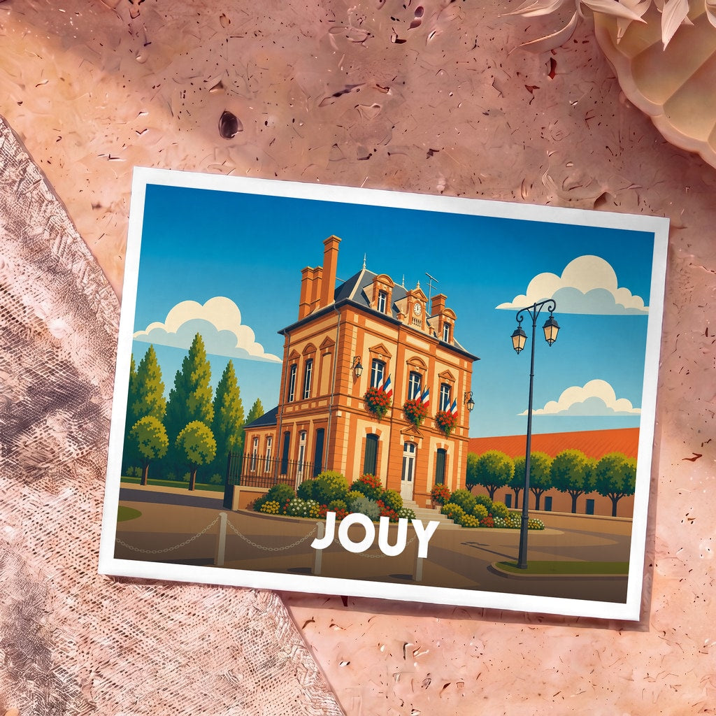 Carte postale souvenir de la ville de Jouy illustrant son hôtel de ville dans un style graphique coloré.