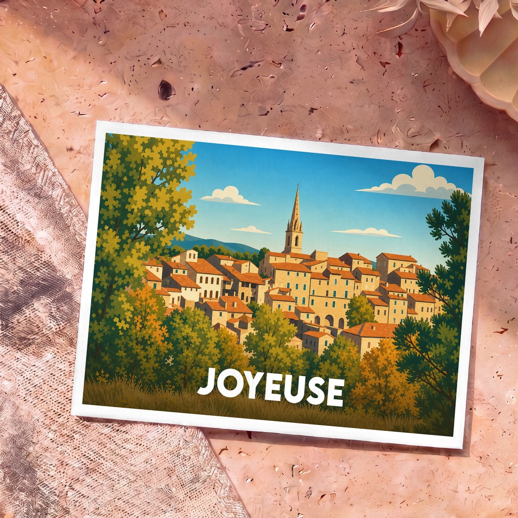 Carte postale souvenir de la ville de Joyeuse avec une illustration stylisée d'un village perché.