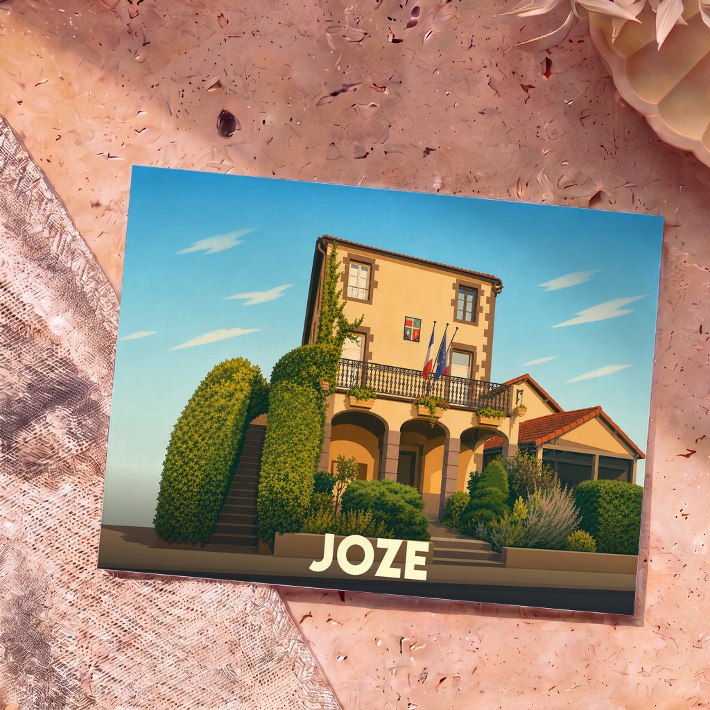 Carte postale souvenir de la ville de Joze avec une illustration stylisée de sa mairie fleurie.