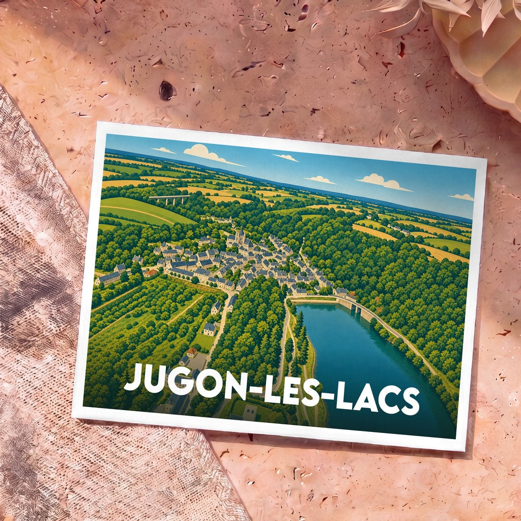 Carte postale souvenir de la ville de Jugon-les-Lacs avec une illustration stylisée vue du ciel.