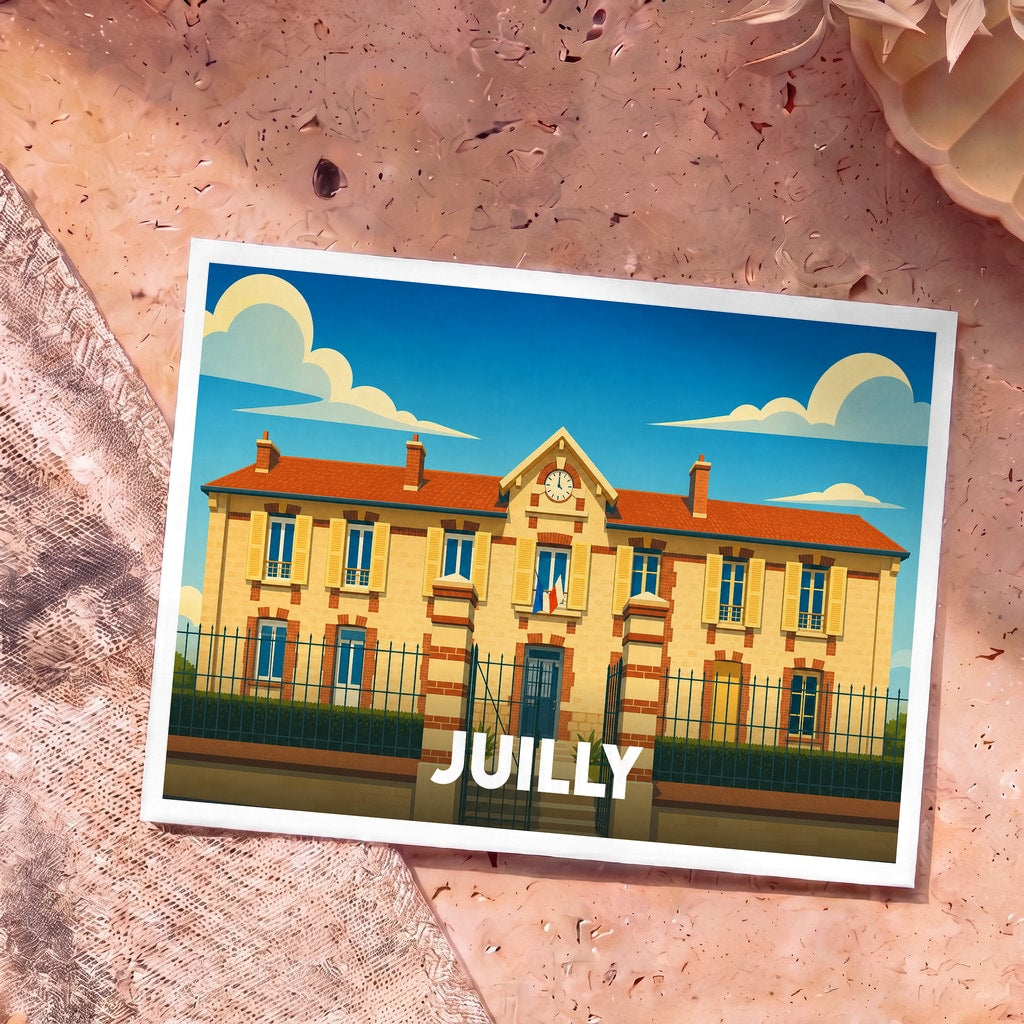 Carte postale souvenir de la ville de Juilly avec une illustration stylisée de sa mairie sous un ciel bleu.