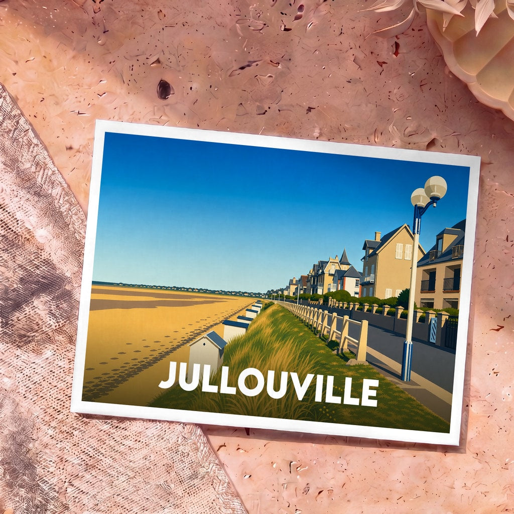 Carte postale souvenir de Jullouville représentant une illustration stylisée de sa plage, ses cabines et son front de mer.