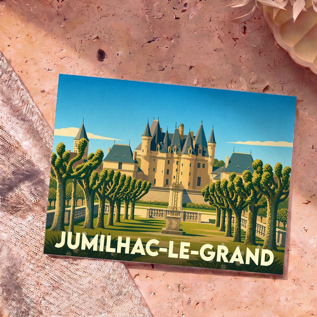 Carte postale souvenir de Jumilhac-le-Grand avec une illustration stylisée de son château et de ses jardins.