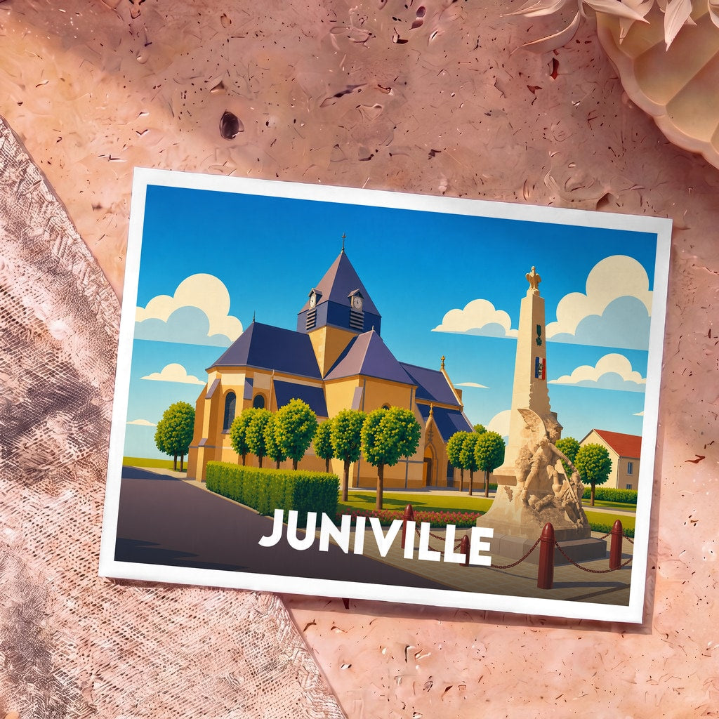 Carte postale souvenir de la ville de Juniville avec une illustration stylisée de son église et de son monument aux morts.