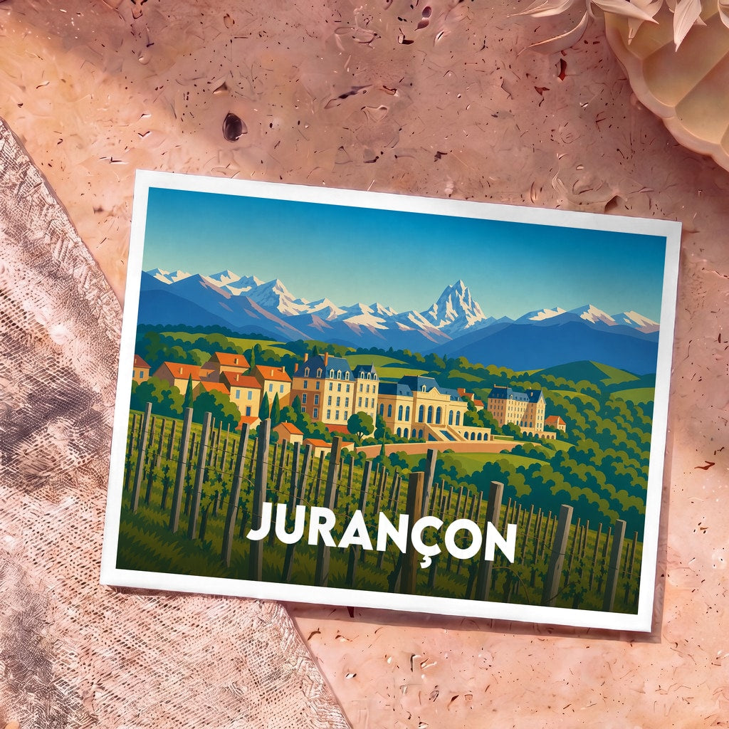 Carte postale souvenir de la ville de Jurançon illustrant un vignoble devant un château et les montagnes pyrénéennes.