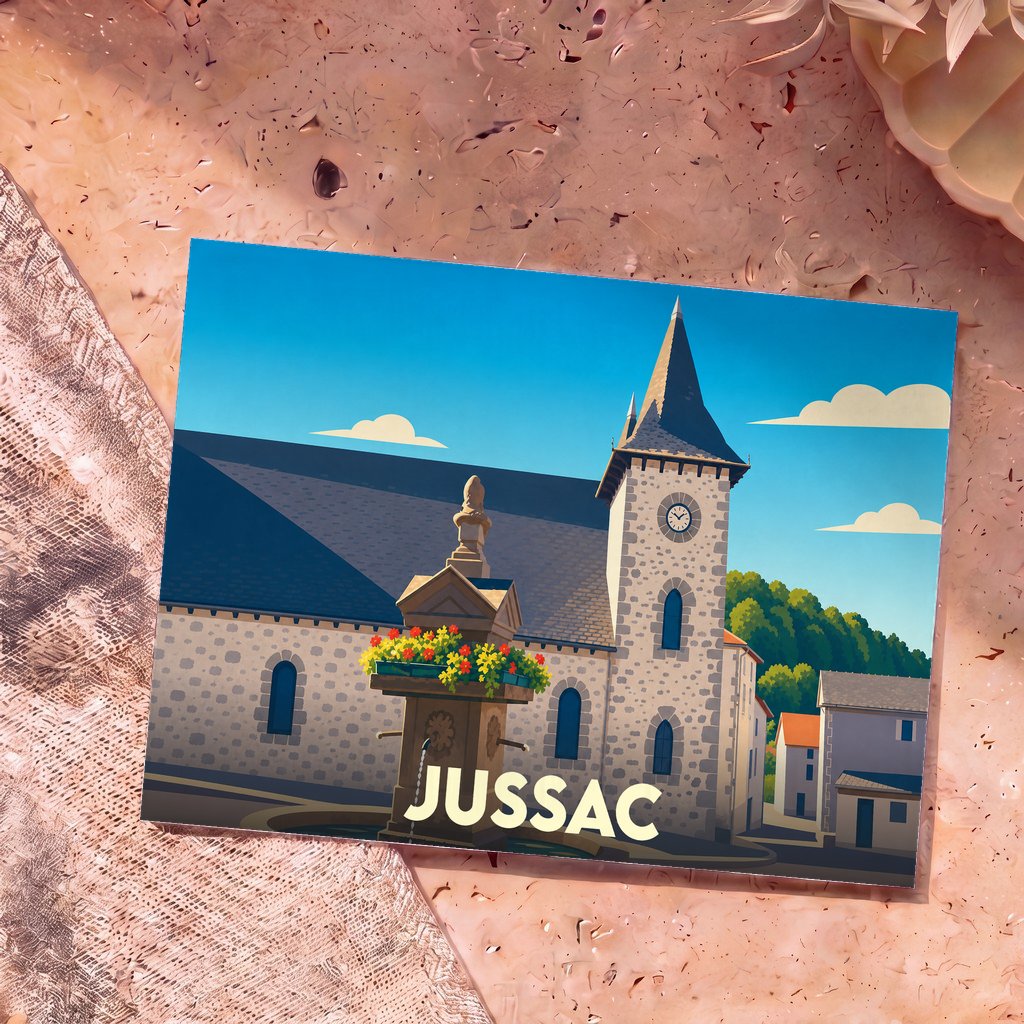 Carte postale souvenir de la ville de Jussac avec une illustration stylisée de son église et d'une fontaine fleurie.