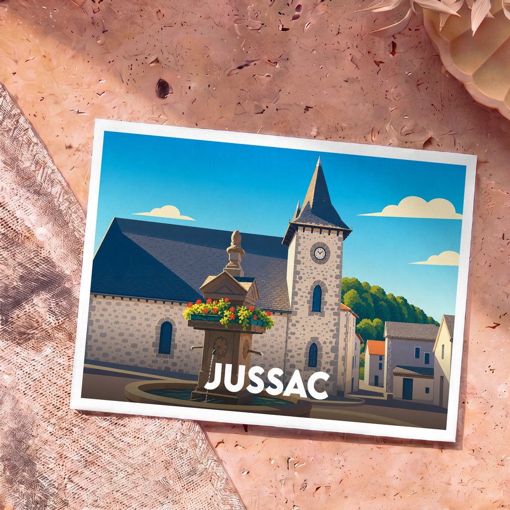 Carte postale souvenir de la ville de Jussac avec une illustration stylisée de son église et d'une fontaine fleurie.