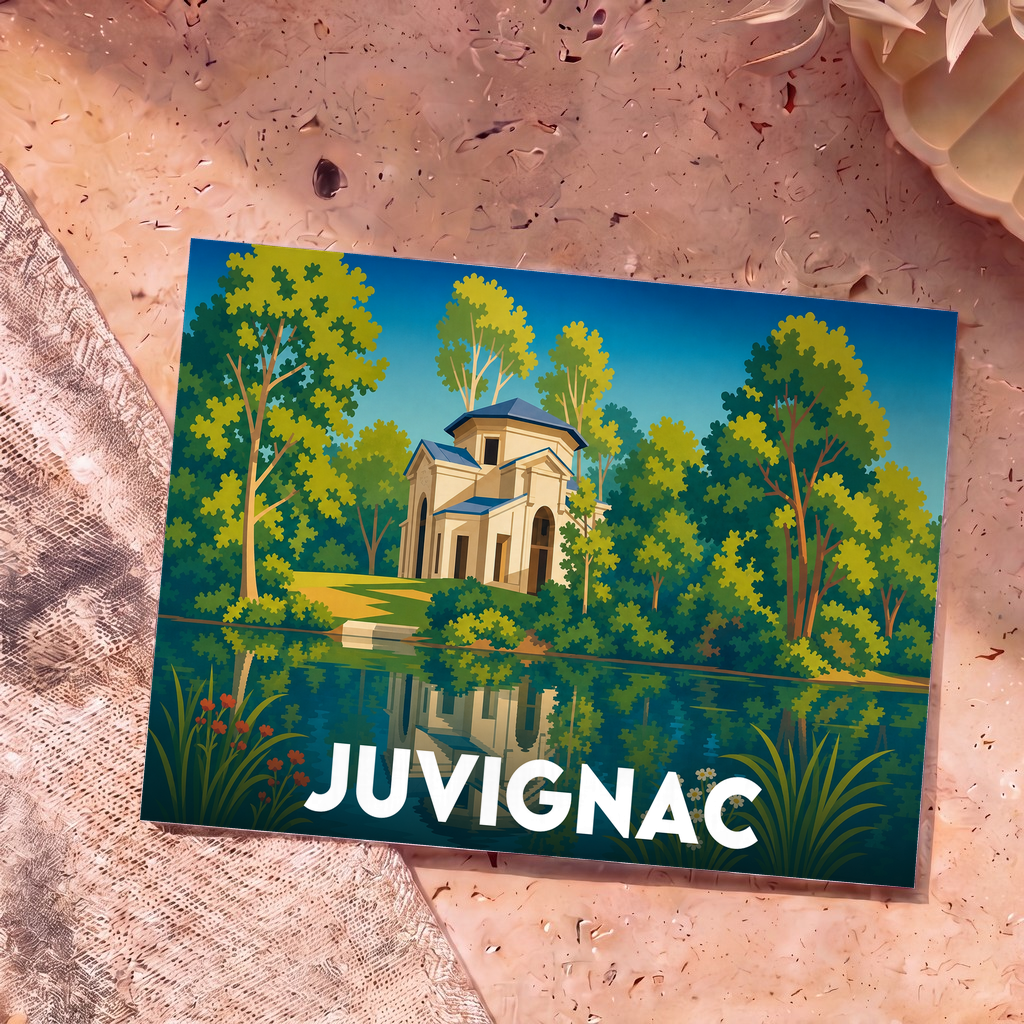 Carte postale souvenir de la ville de Juvignac avec une illustration stylisée d'un bâtiment historique au bord de l'eau.