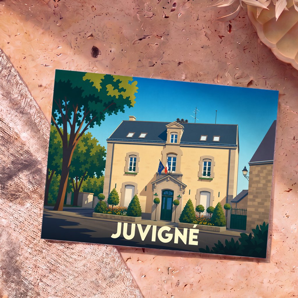 Carte postale souvenir de la ville de Juvigné avec une illustration stylisée de sa mairie.