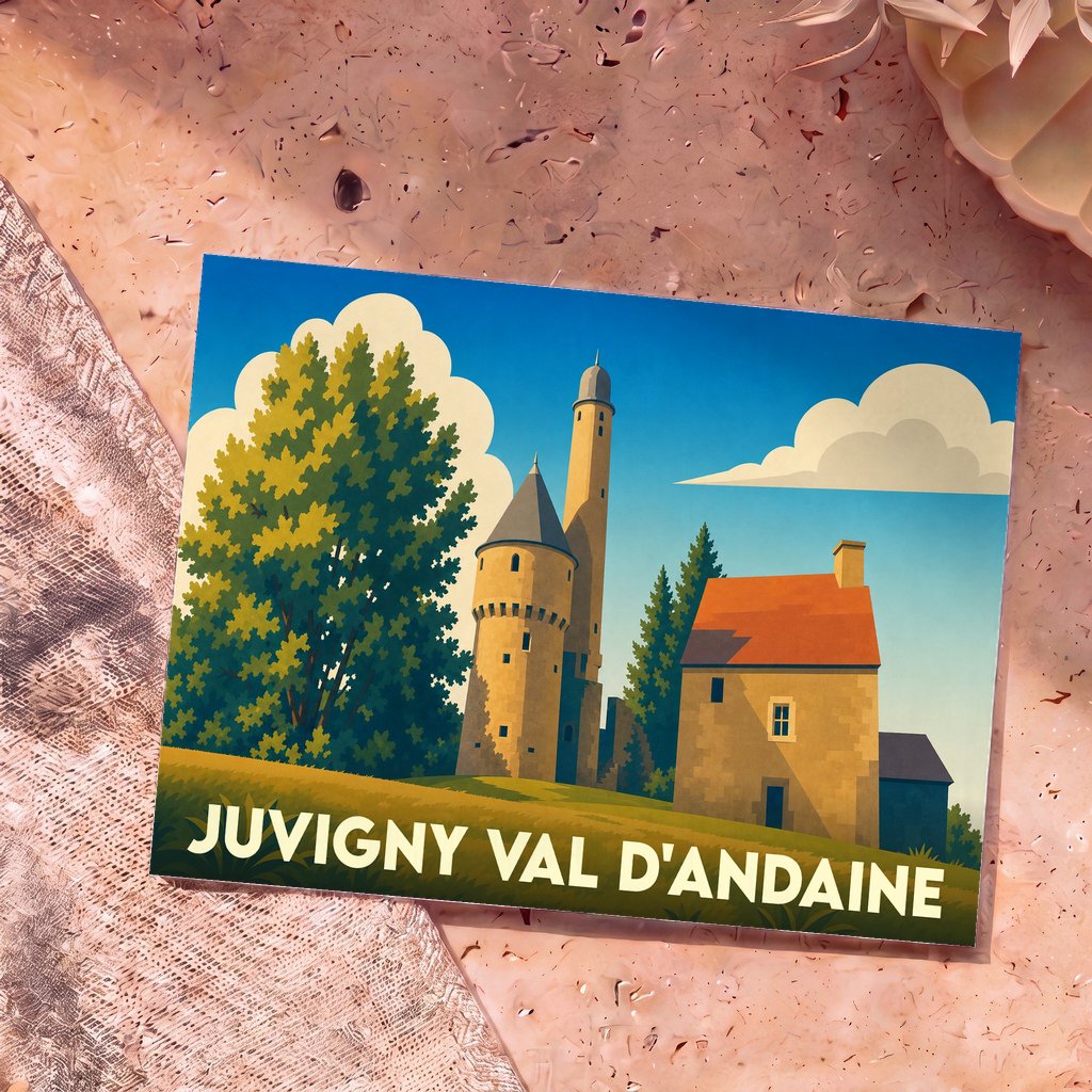 Carte postale souvenir de la ville de Juvigny Val d'Andaine avec une illustration stylisée de son patrimoine.