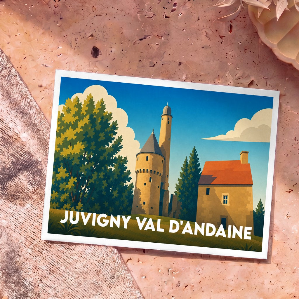 Carte postale souvenir de la ville de Juvigny Val d'Andaine avec une illustration stylisée de son patrimoine.