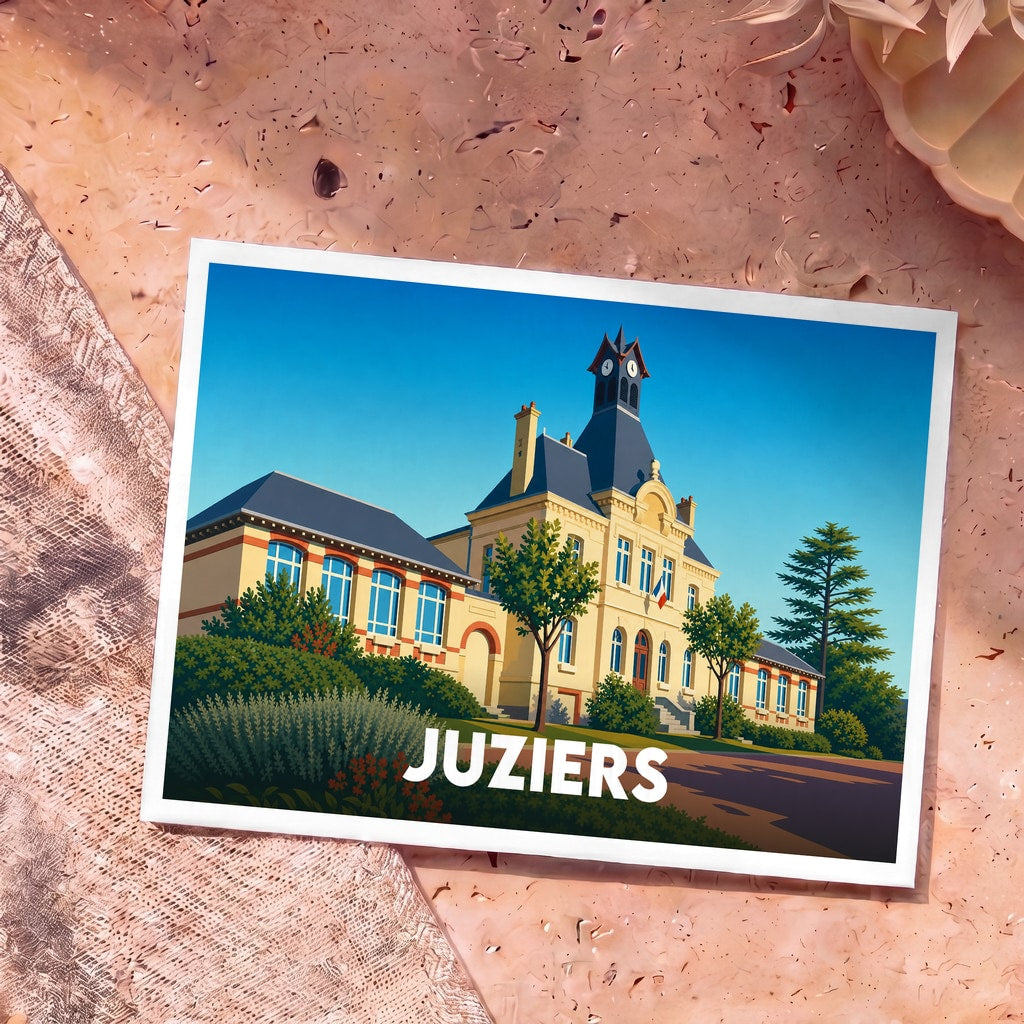Carte postale souvenir de la ville de Juziers avec une illustration stylisée de sa mairie.