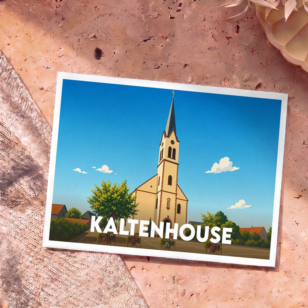Carte postale souvenir de la ville de Kaltenhouse illustrant son église dans un style graphique épuré.