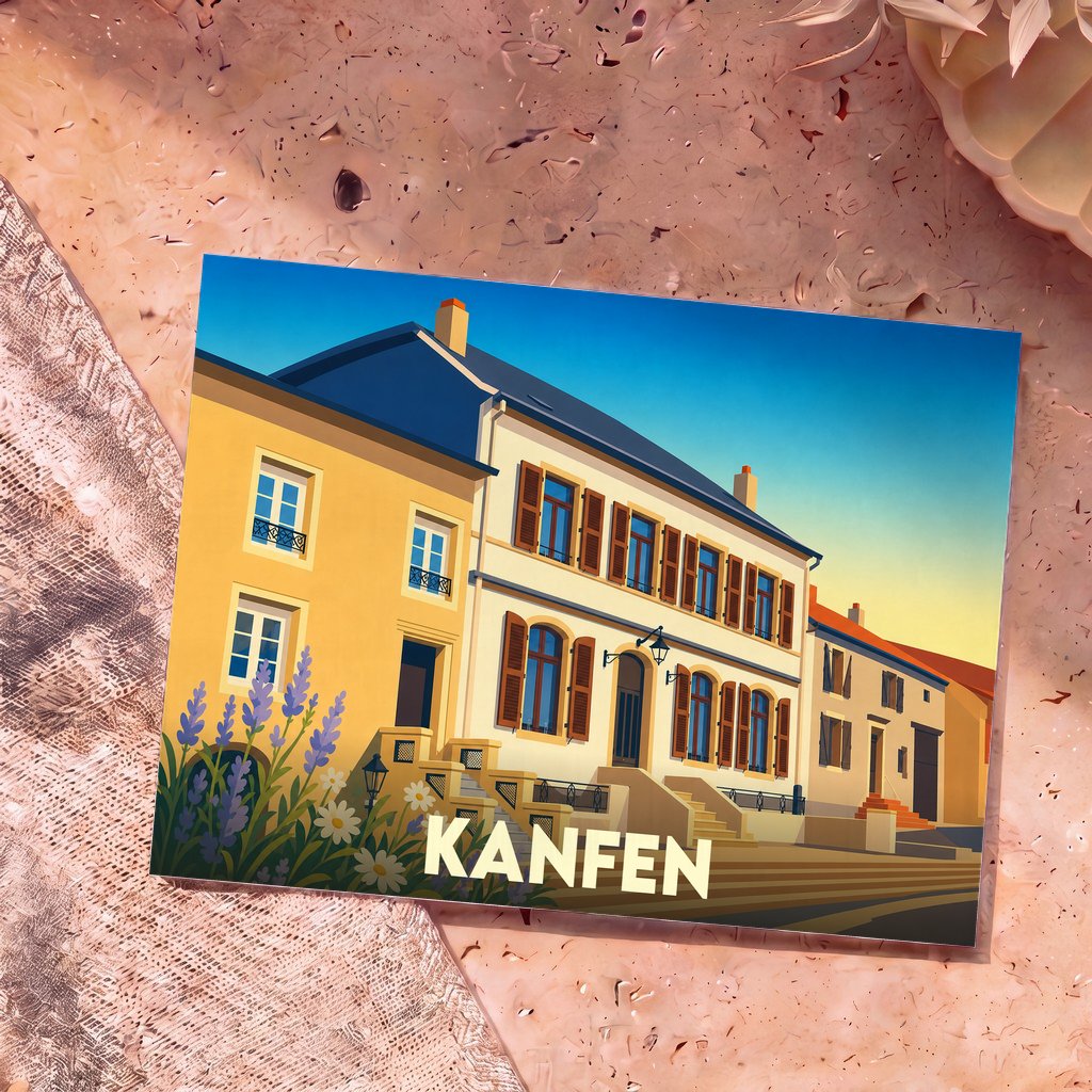 Carte postale souvenir de la ville de Kanfen avec une illustration stylisée et colorée de ses maisons traditionnelles.