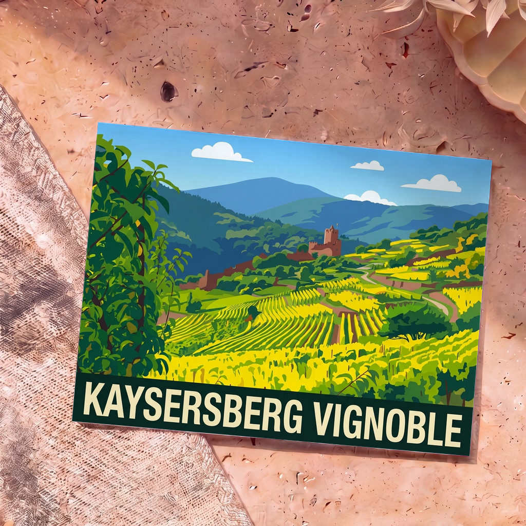 Carte postale souvenir de la ville de Kaysersberg Vignoble avec une illustration stylisée de ses vignobles et de son château.