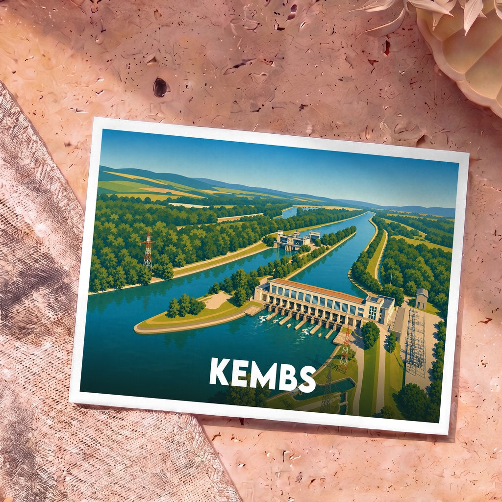 Carte postale souvenir de la ville de Kembs avec une illustration stylisée de sa centrale hydroélectrique.