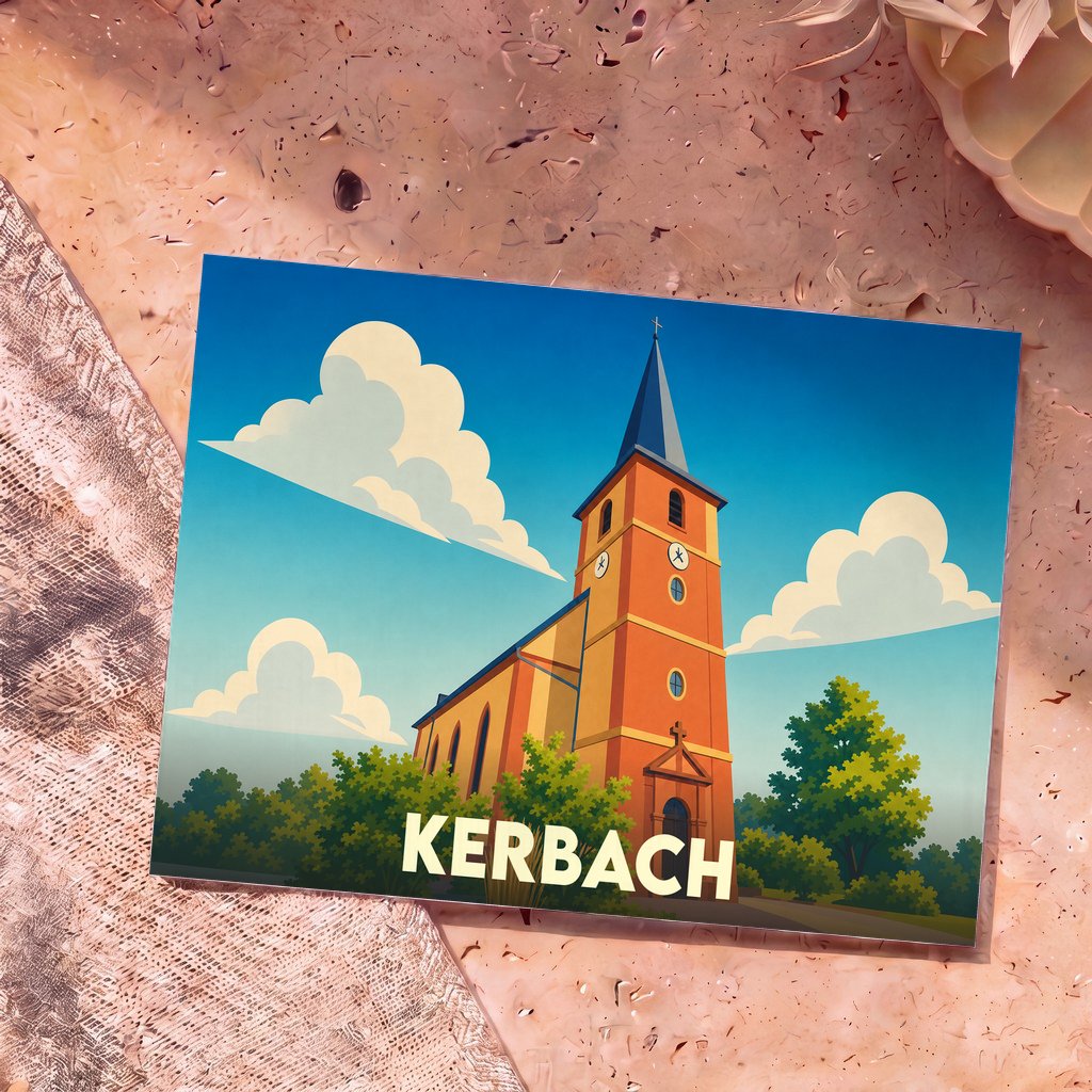 Carte postale souvenir de la ville de Kerbach avec une illustration stylisée de son église sous un ciel bleu.